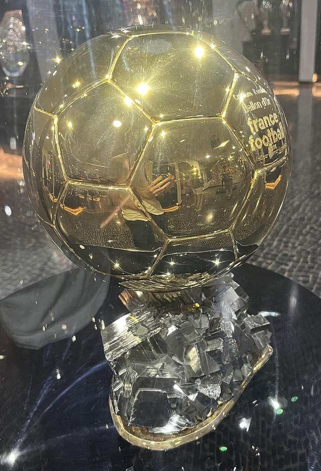 A Ballon d'Or trophy on display