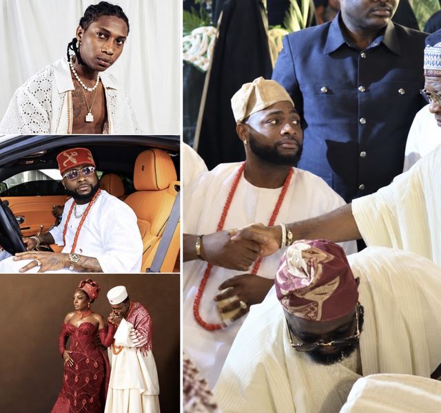 Collage of Bella Shmurda, Davido and Zlatan Ibile with his bride, beside a photo of guests shaking hands at Zlatan's wedding