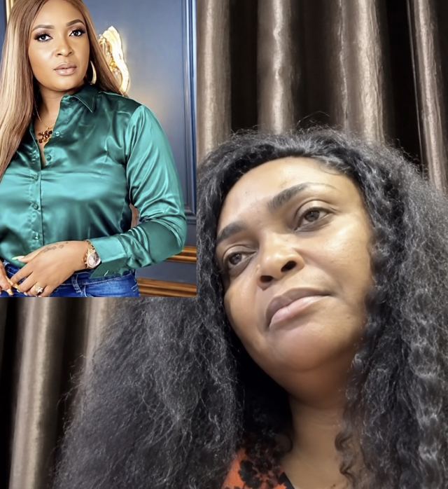 Blessing CEO looking tearful in a video, with an inset photo of her in a green satin shirt