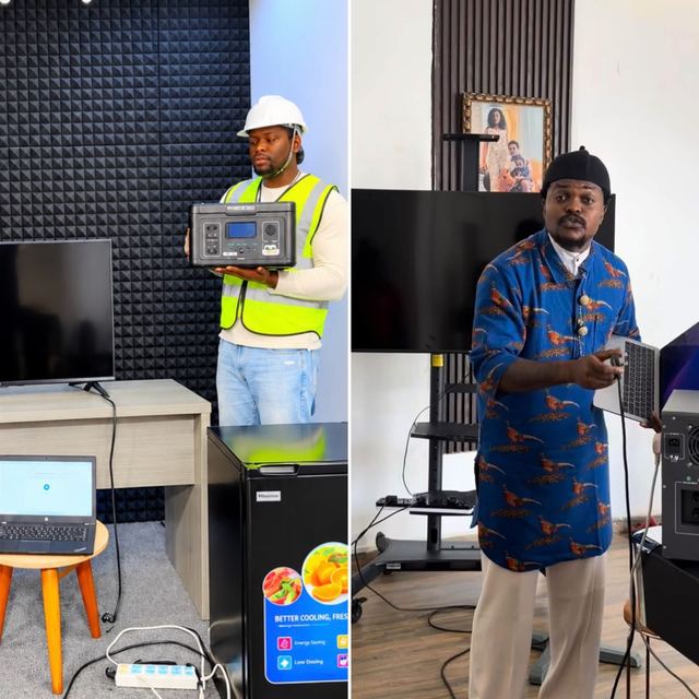 Side-by-side photos: VeryDarkMan holding a Ratel power station next to a TV, laptop and fridge, and Blord demonstrating his own power unit with a laptop