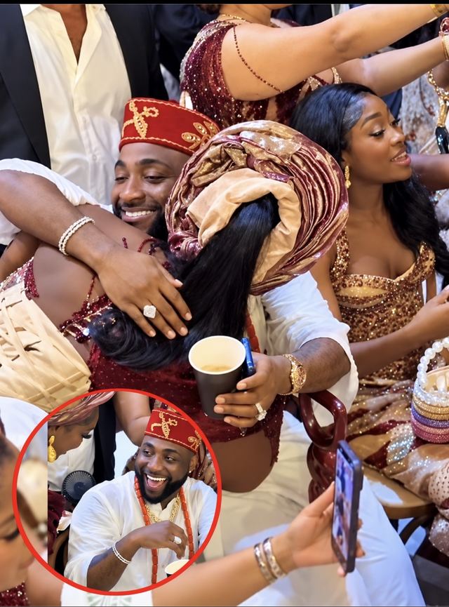 Davido, in a red cap, hugs a guest in a gele at Zlatan Ibile's wedding, with an inset of him laughing