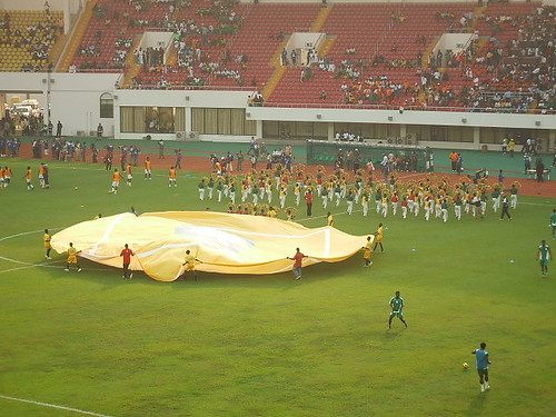 A football match in a packed stadium