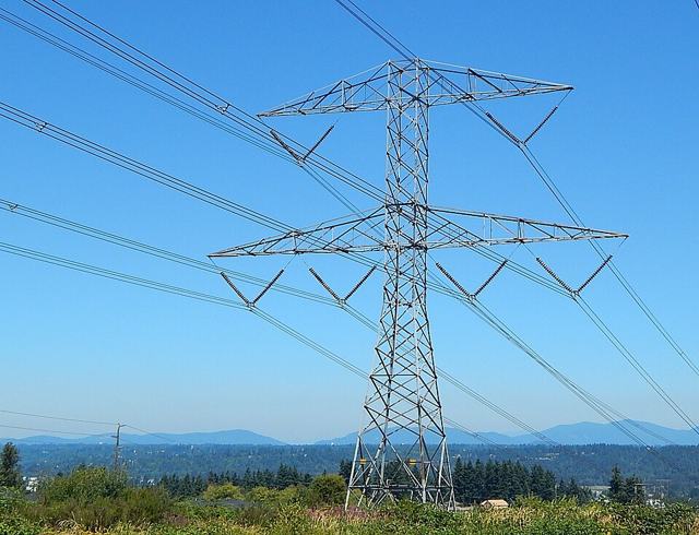 A high-voltage transmission tower and power lines