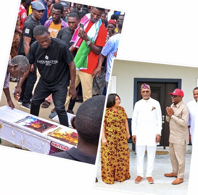 Two photos: a crowd gathered around a white coffin with an obituary poster, and Hilda Dokubo standing with two men outside a house