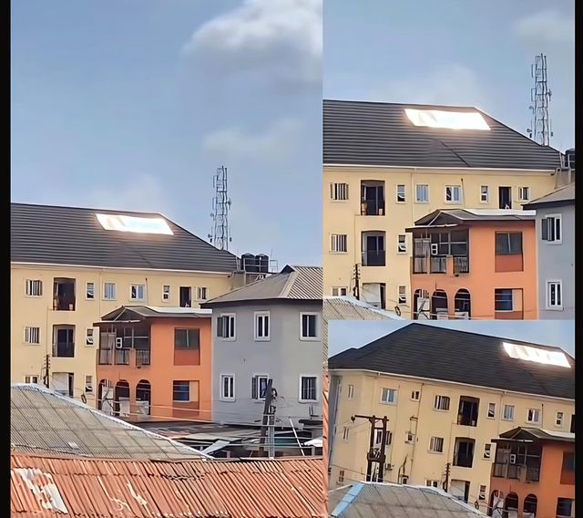 Three views of sunlight glaring off solar panels on the dark roof of a cream three-storey building