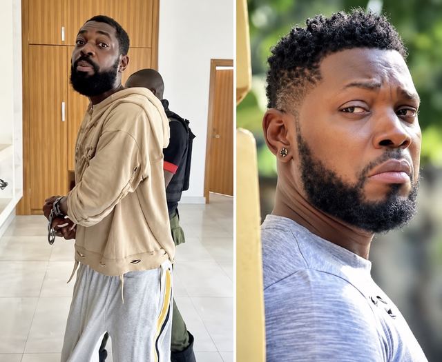 Two photos of actor Jerry Williams: on the left in a beige hoodie with his hands cuffed, on the right a close-up in a grey T-shirt