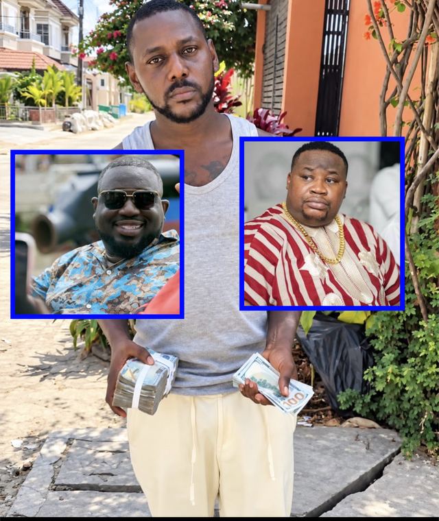 Lekki Street Boy holds bundles of dollar notes, with inset photos of two of the celebrities he thanked
