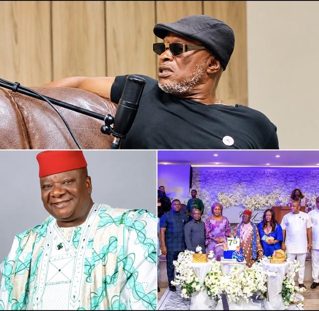 Tony Akposheri speaking on a podcast, above a portrait of Chief Chika Okpala in a red cap and a photo of guests around a 75th birthday cake