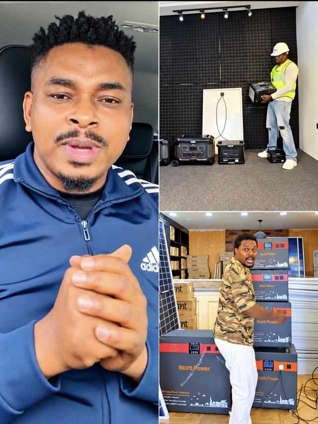 Collage: content creator Peter Mbah speaking to camera in a car, a worker carrying a power station beside solar panels, and Blord standing in front of stacked Blunt Power units