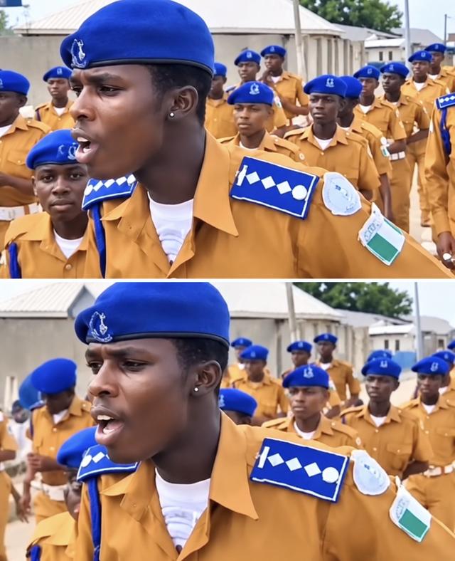 Two stills from the viral video showing the suspect in a blue beret and brown uniform chanting as others march behind him