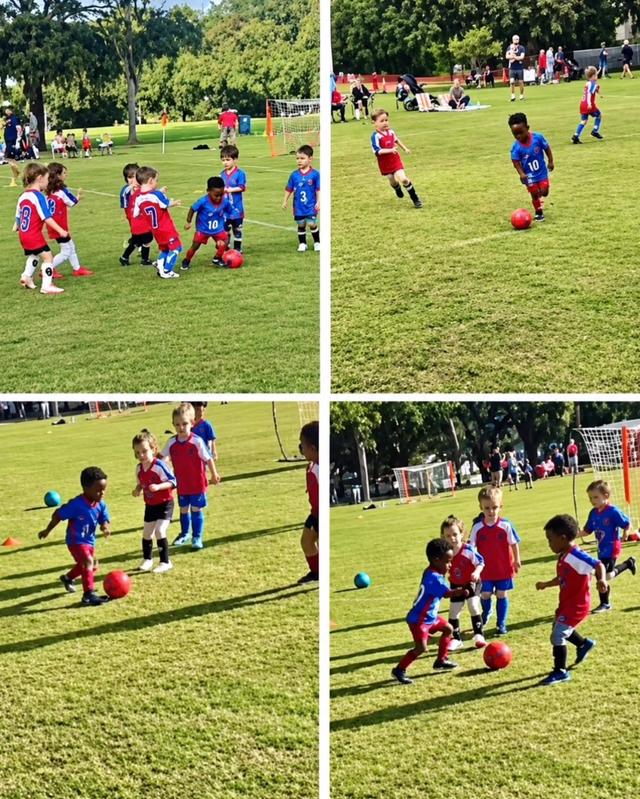 Four photos of toddlers in red and blue football kits chasing a red ball on a grass pitch