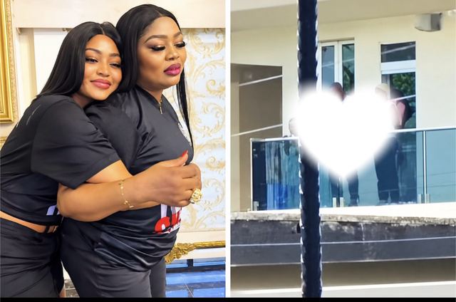 Regina Daniels hugs a woman in a matching black top, beside a still of a balcony with a heart drawn over it