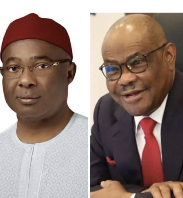 Side-by-side portraits of Imo Governor Hope Uzodimma in a red cap and FCT Minister Nyesom Wike in a suit and red tie