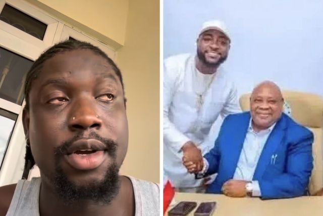 VeryDarkMan speaking in a selfie video beside a photo of Davido shaking hands with Governor Ademola Adeleke