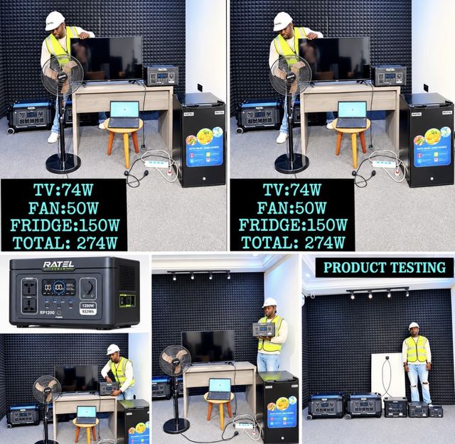 Collage of VeryDarkMan in a Ratel hard hat testing a power station running a TV, fan, fridge and laptop, with a close-up of the RP1200 unit and the wattage of each appliance